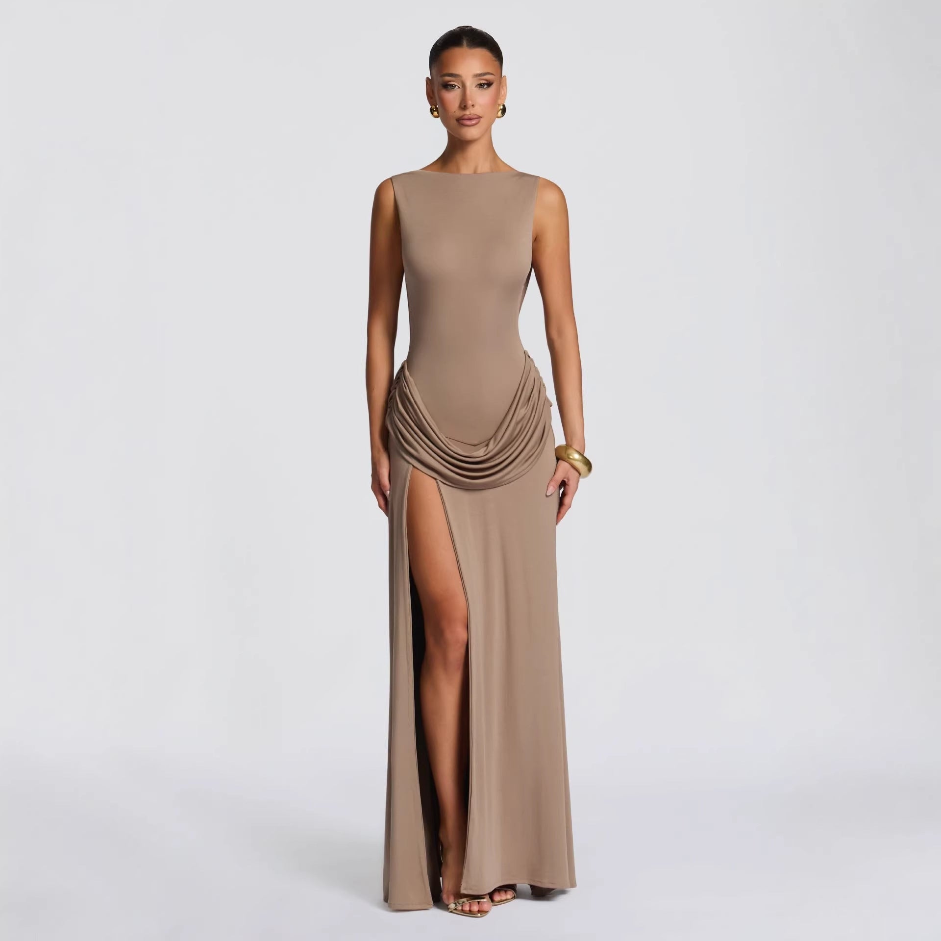 Damen elegantes Wickel-Maxikleid mit asymmetrischem Rüschendesign und sexy Schlitz R&B