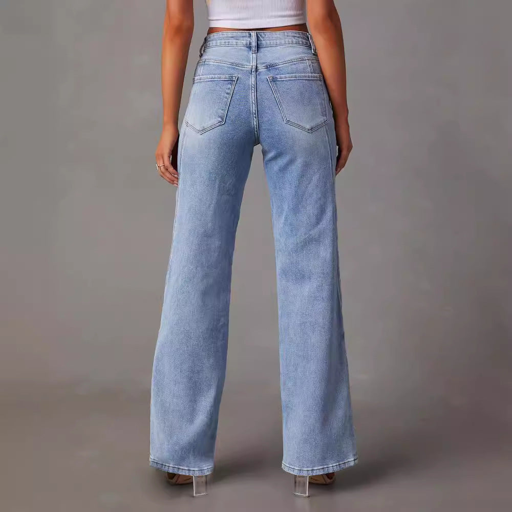 Damen lässige Weitbein-Jeans mit hohem Bund und eleganten Nahtdetails R&B