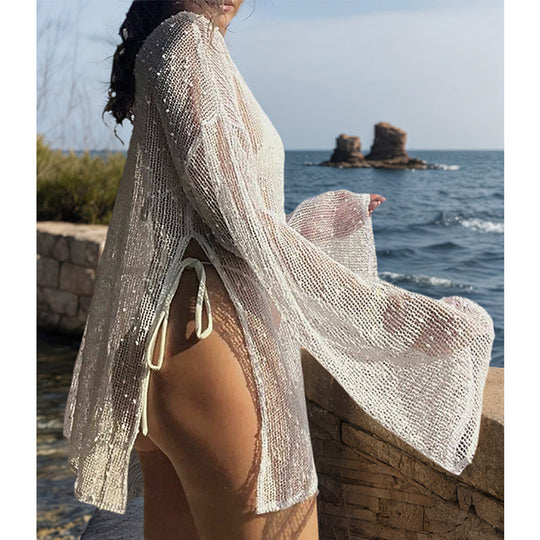 Damen transparenter Strandpullover mit modischem Netzdesign R&B