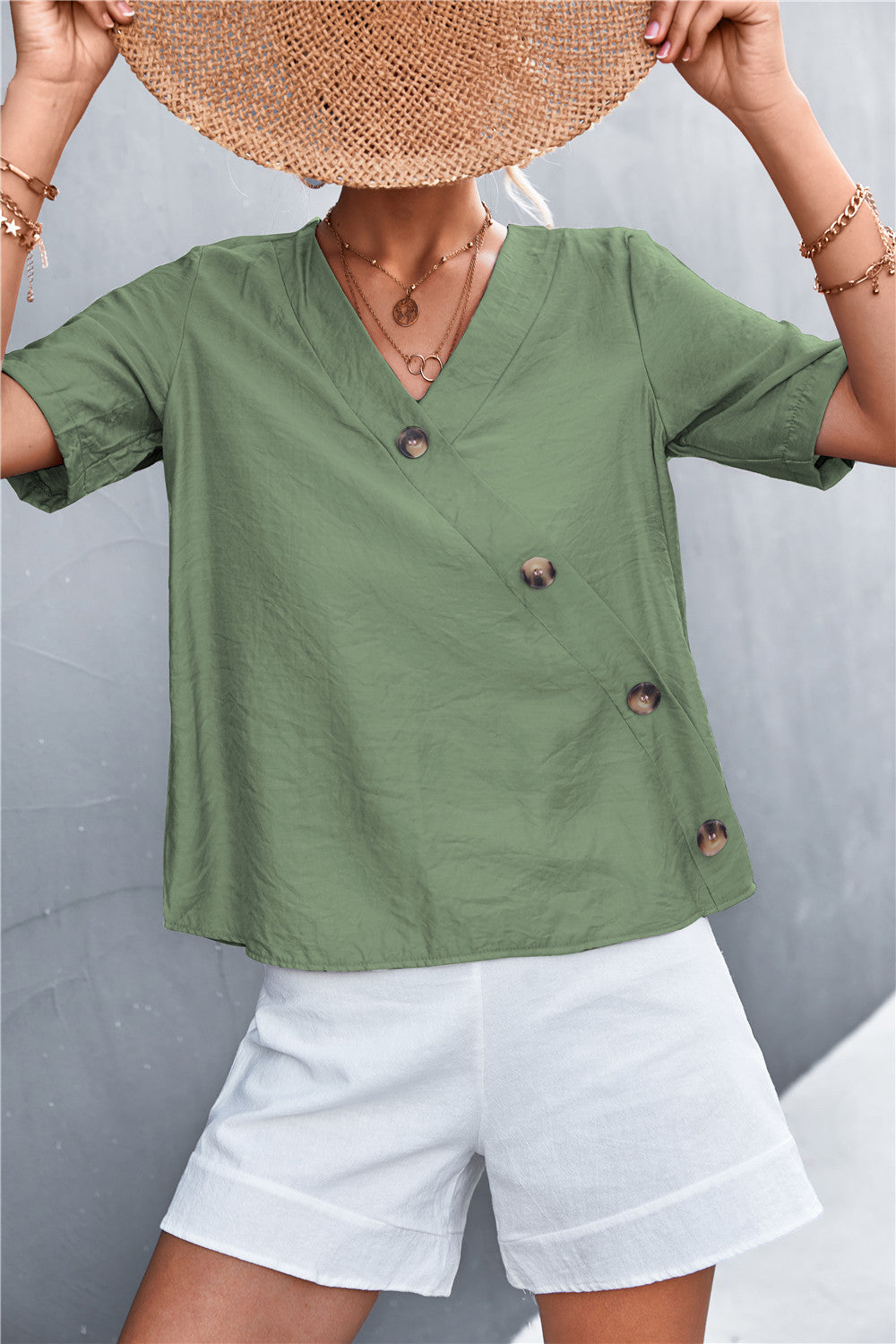 Damen lässige Bluse mit Wickeloptik und Knopfdetails R&B