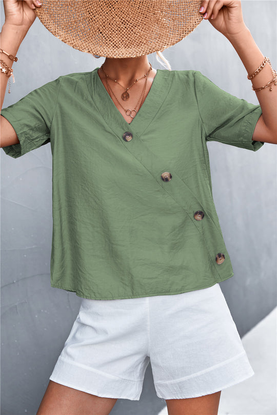 Damen lässige Bluse mit Wickeloptik und Knopfdetails R&B