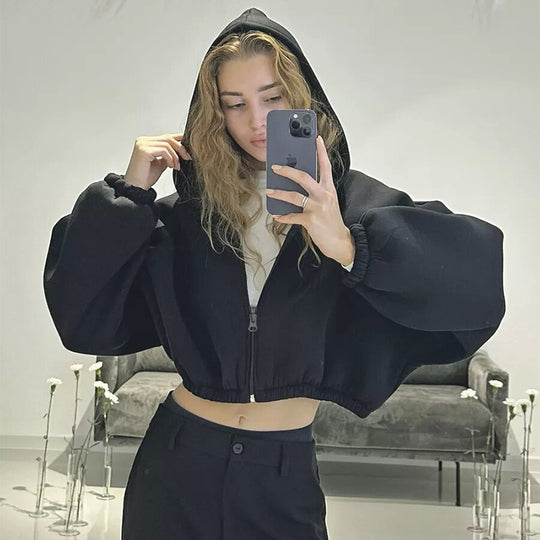 Damen cropped Kapuzenpullover mit oversized Ärmel R&B