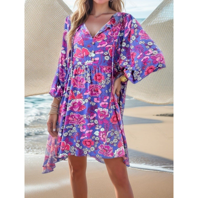 Damen lässiges Freizeitkleid mit lockerer Passform und buntem Blumendesign R&B
