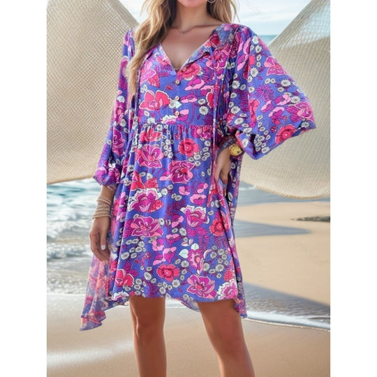 Damen lässiges Freizeitkleid mit lockerer Passform und buntem Blumendesign R&B