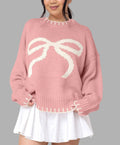 Damen lässiger Pullover mit kontrastierenden Schleifen-Detail und geripptem Saum R&B