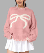 Damen lässiger Pullover mit kontrastierenden Schleifen-Detail und geripptem Saum R&B