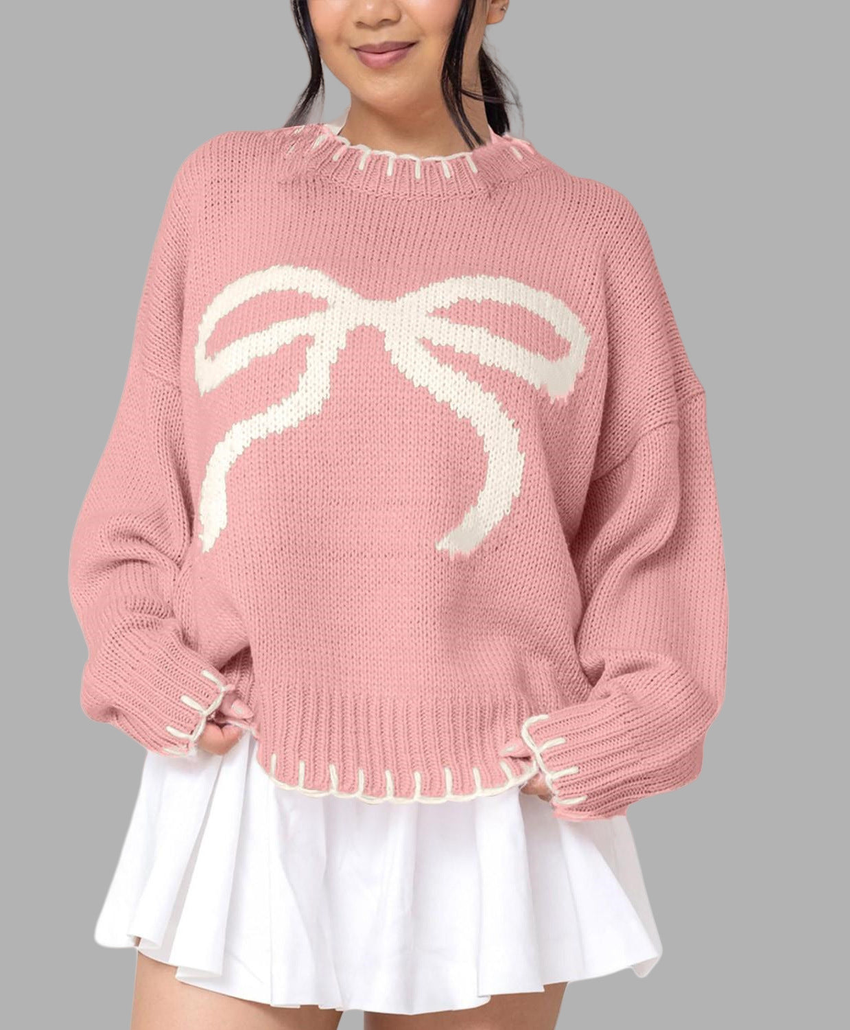 Damen lässiger Pullover mit kontrastierenden Schleifen-Detail und geripptem Saum R&B