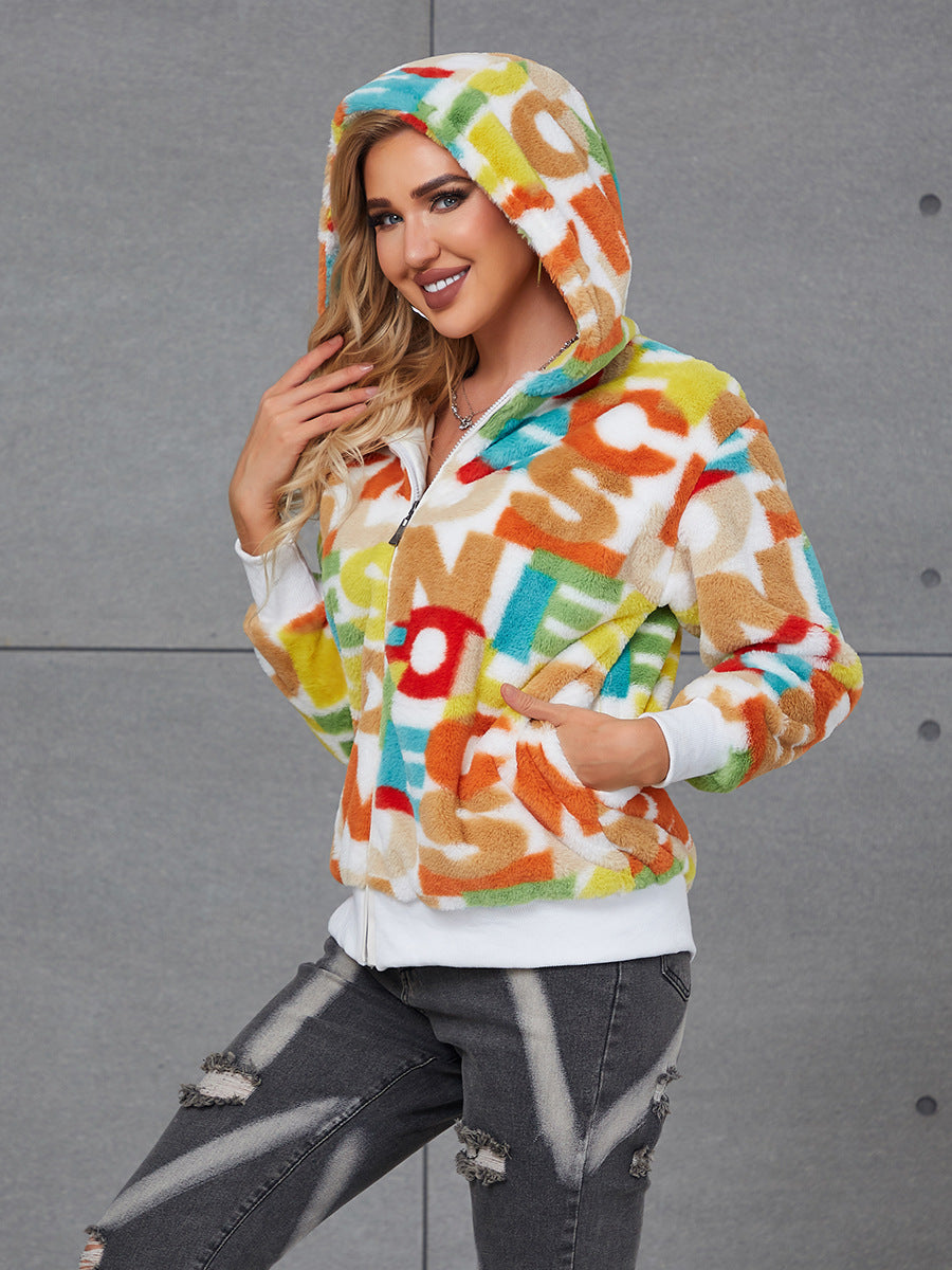 Damen Flauschige Kapuzenjacke mit buntem Muster und praktischen Taschen R&B