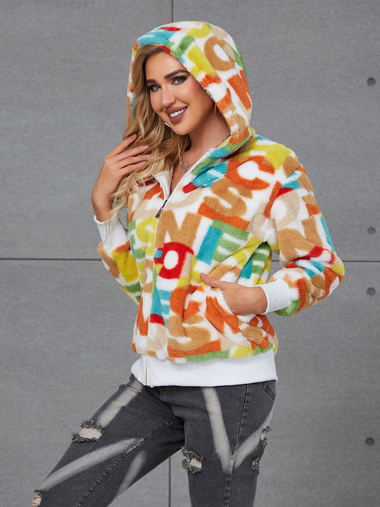 Damen Flauschige Kapuzenjacke mit buntem Muster und praktischen Taschen R&B