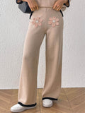 Damen bequeme Strickhose mit floralem Applikationsdesign R&B