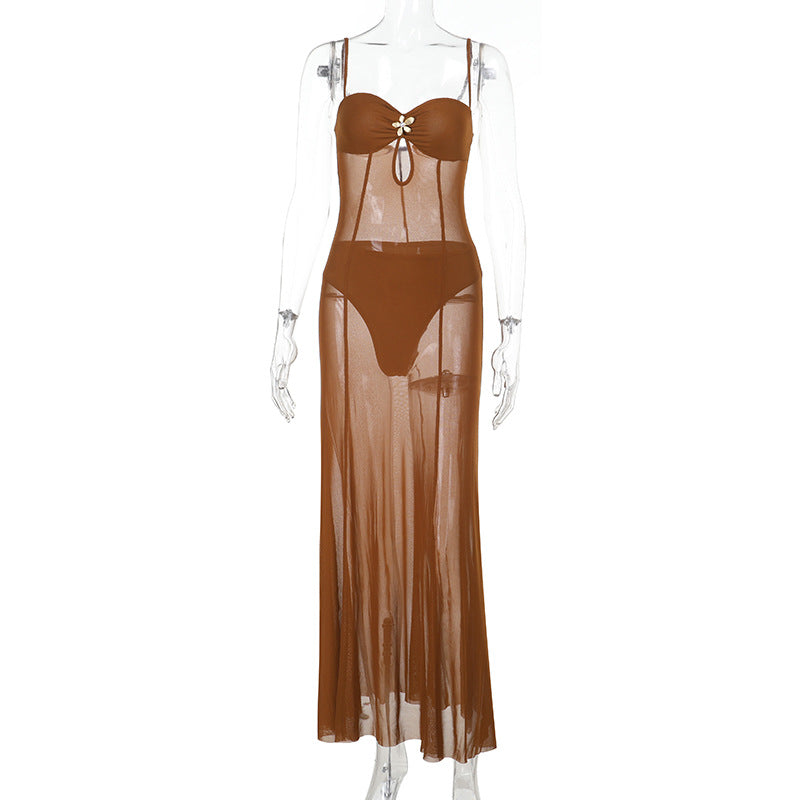 Damen transparenter Strand-Mantel mit verführerischem Cut-Out und zarter Blumenapplikation R&B
