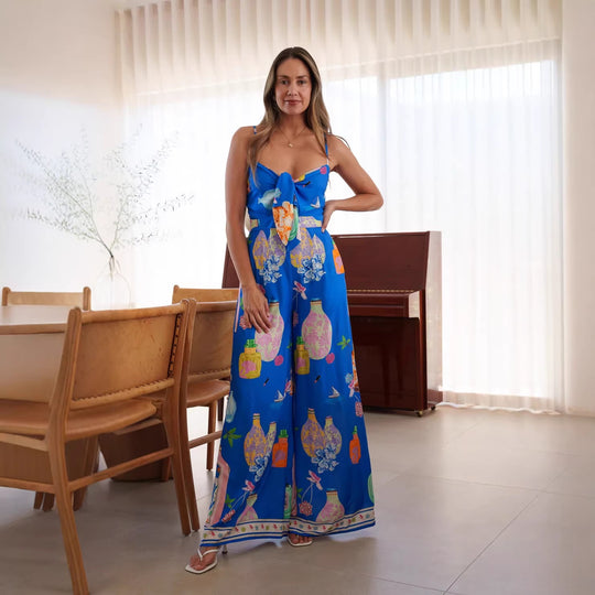 Damen langes Sommerkleid mit verspieltem Dekolleté und buntem Muster R&B