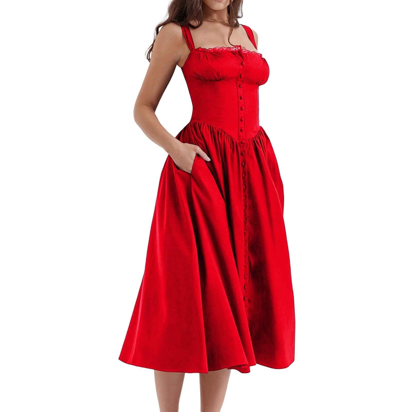 Damen Maxi-Kleid mit knöpfbarem Oberteil und schwingendem Rock R&B