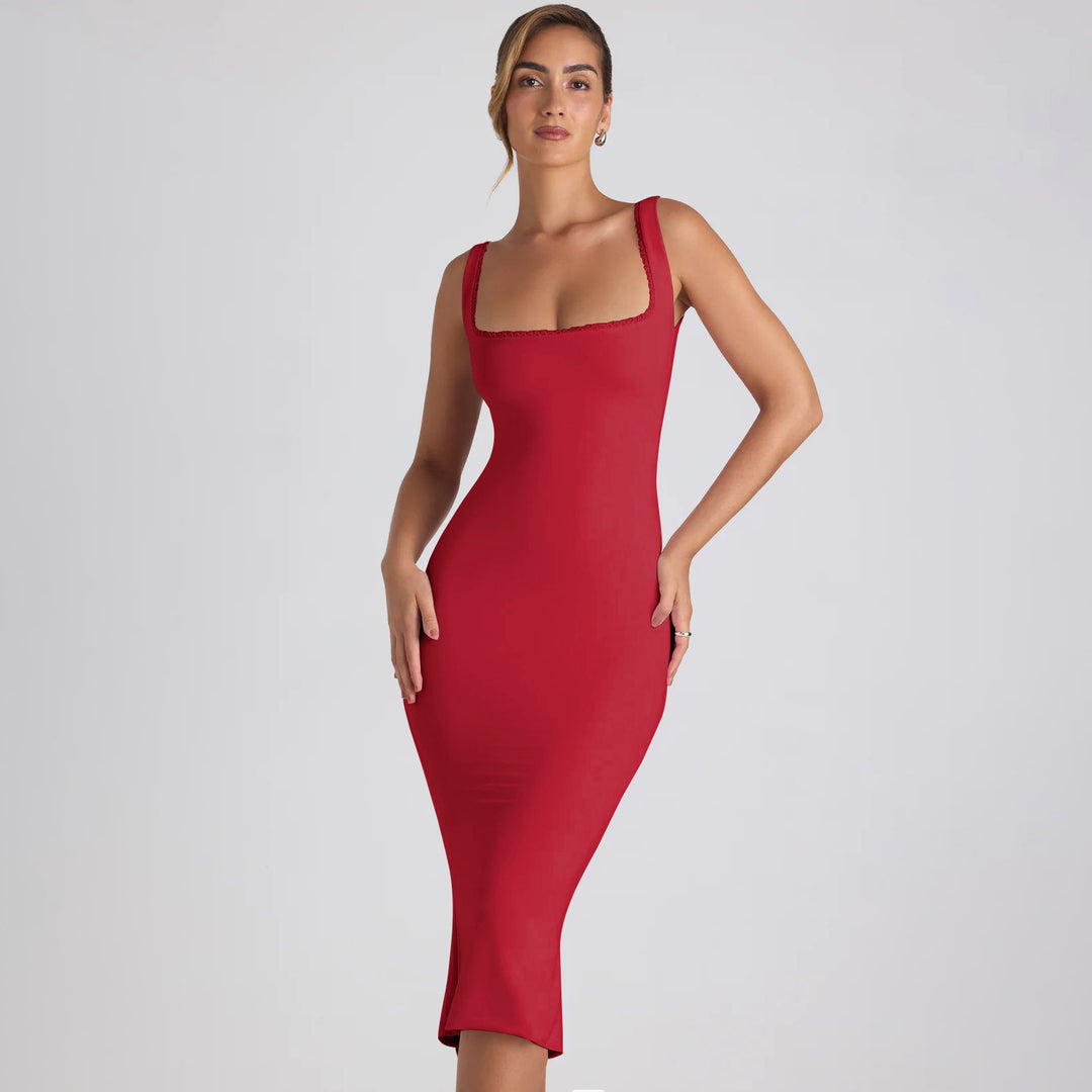 Damen figurbetontes Midikleid mit quadratischem Ausschnitt und Spitzenakzenten R&B