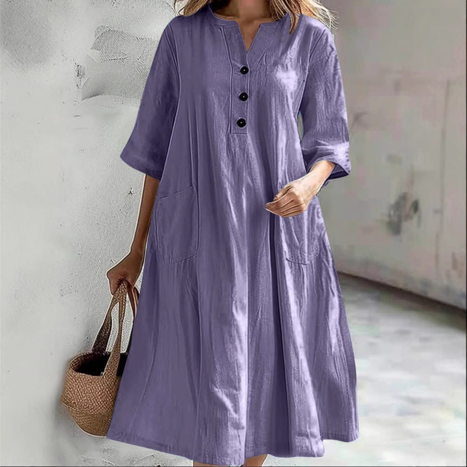 Damen lässiges Leinenkleid mit praktischen Taschen und Knopfdetails R&B