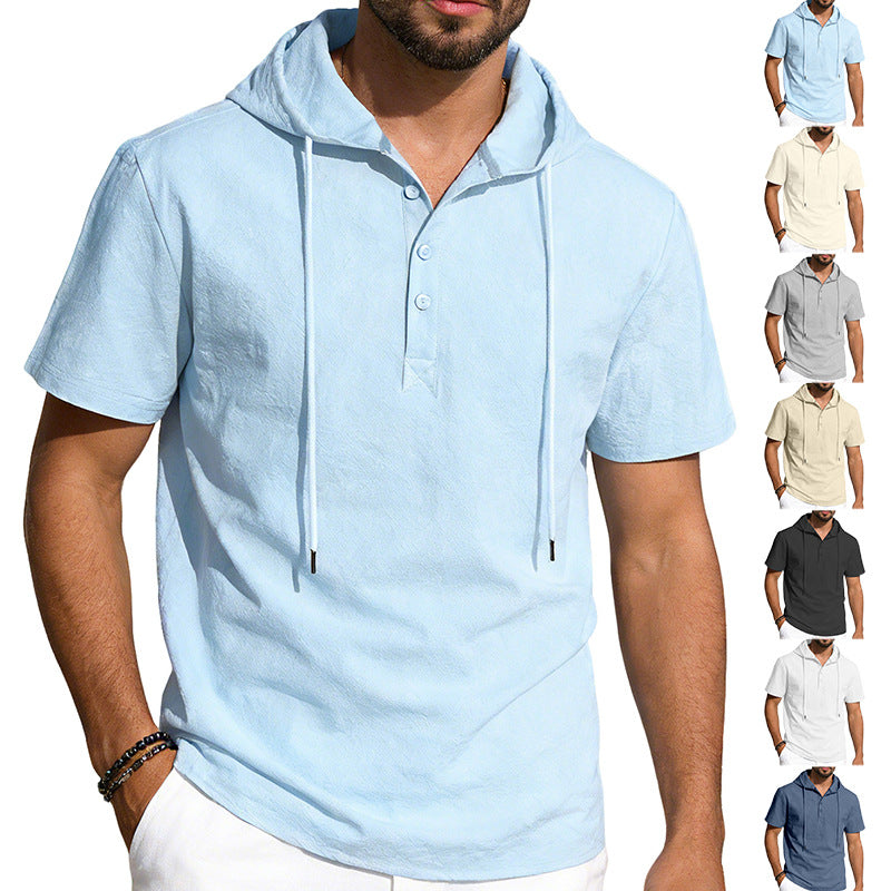 Herren nan kurzärmeliges Kapuzen-Henley aus Slub-Baumwolle mit verdeckter Knopfleiste und Kordelzug R&B