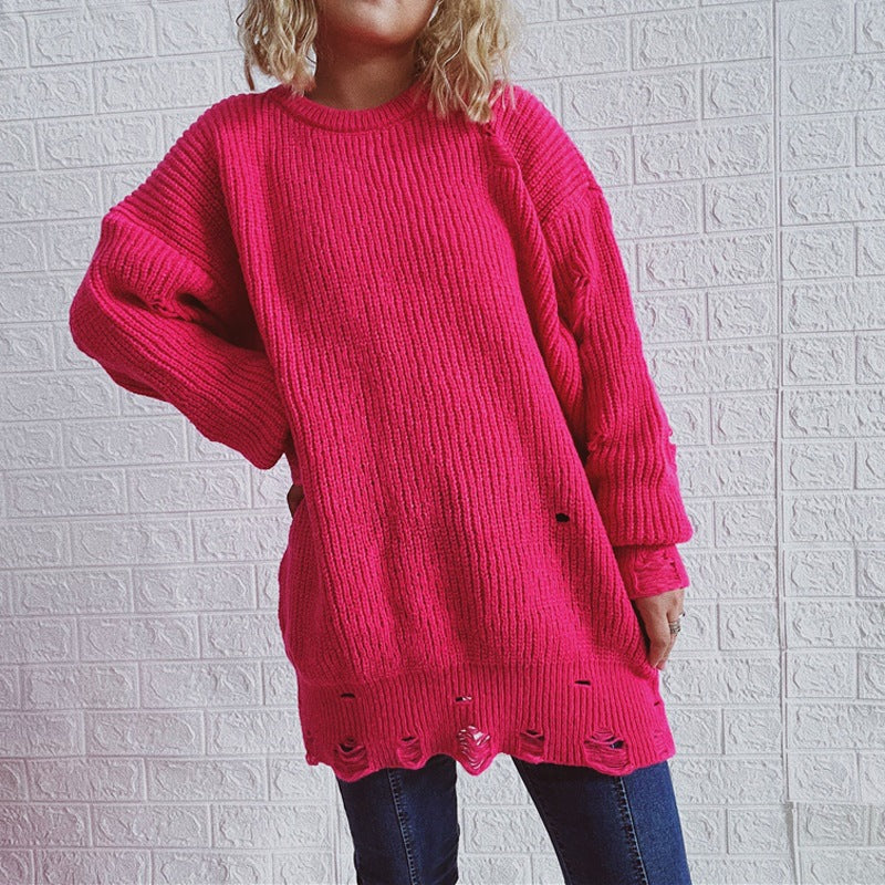 Damen Grobstrickpullover mit lässigen Rückenschlitzen und weiten Ärmeln R&B
