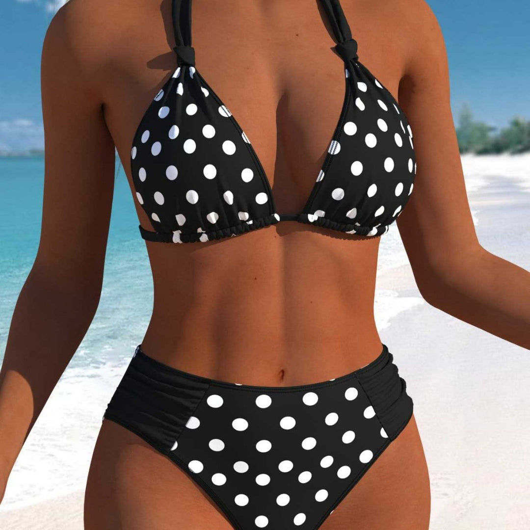 Damen Hochgeschnittener Triangel-Bikini mit punktiertem Design und verstellbaren Trägern R&B