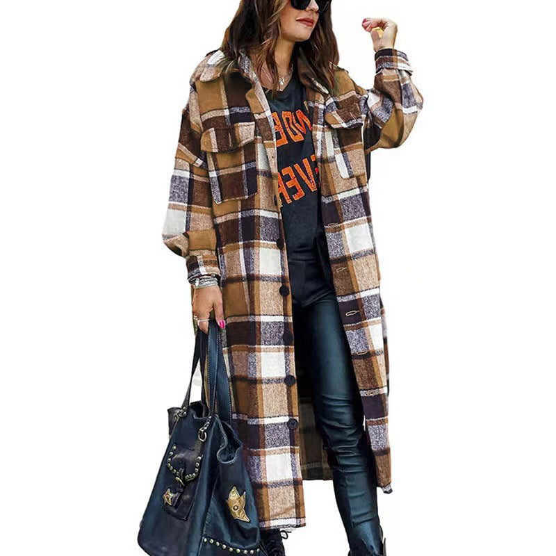 Damen Langarm-Wolljacke mit Karomuster und praktischen Taschen R&B