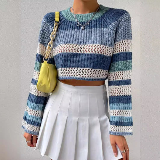 Damen luftiger, gestreifter Strickpullover mit weitem Schnitt R&B