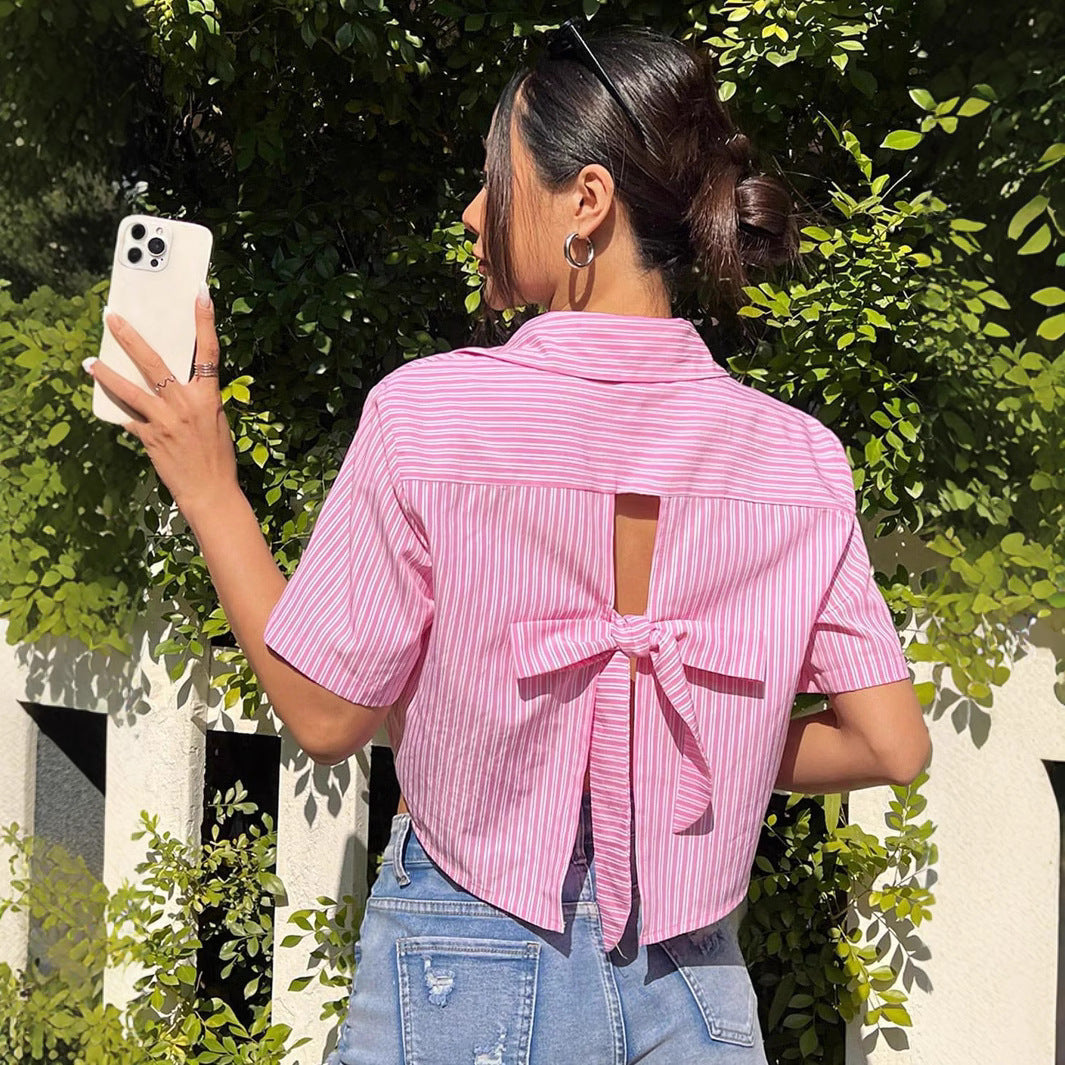 Damen Cropped Hemdbluse mit dekorativem Rückenausschnitt R&B