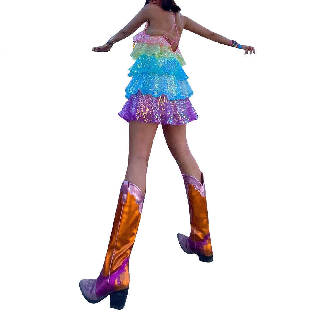 Damen luftiges Sommerkleid mit buntem Paillettenmuster R&B