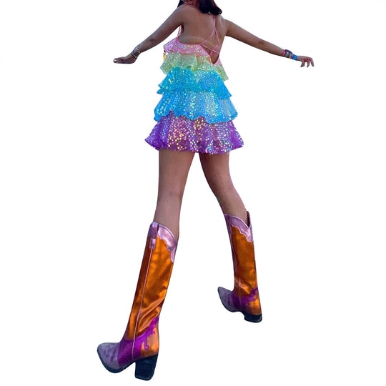 Damen luftiges Sommerkleid mit buntem Paillettenmuster R&B