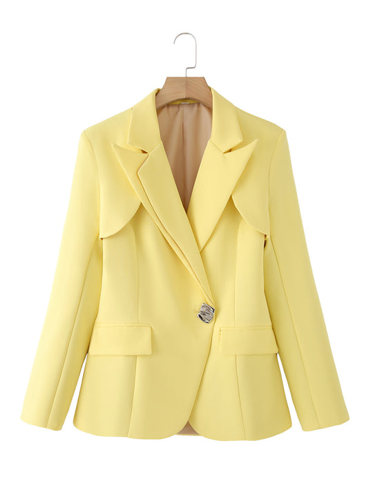 Damen strukturierter Blazer mit eleganten Klappärmel und dekorativem Verschluss R&B