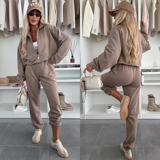 Damen Sportlicher Hoodie mit halbem Reißverschluss und bequemen Jogginghosen R&B