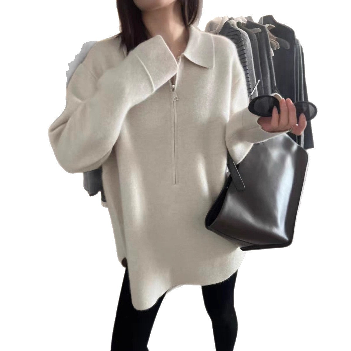 Damen Modischer Pullover mit Reißverschluss und Kragen R&B