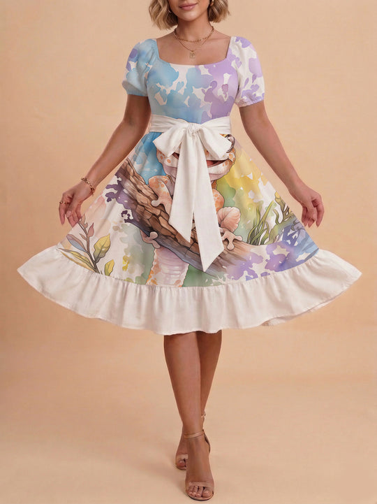 Damen Sommerliches Blumenkleid mit taillierbarem Gürtel und voluminösen Ärmeln R&B