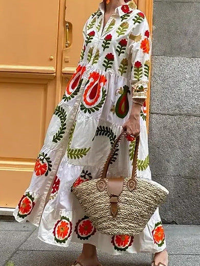 Damen Langarm-Teilkaro Kleid mit floralen Stickereien R&B