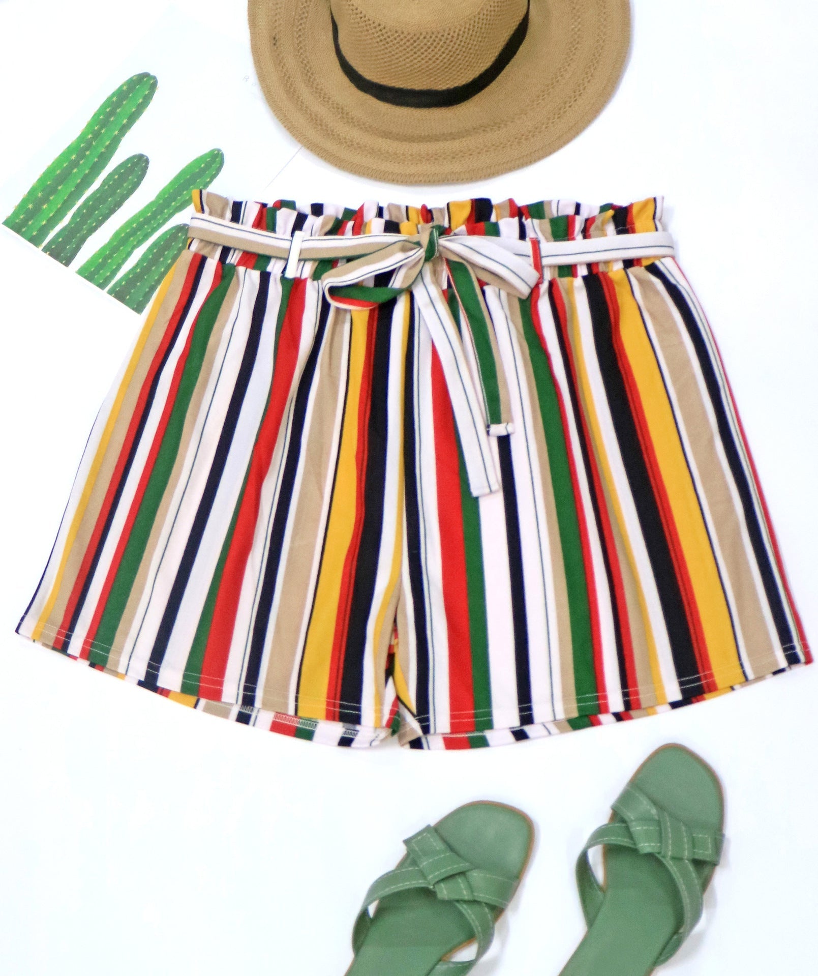 Damen gestreifte Sommer-Shorts mit elastischem Bund und Taillenknotenschnur R&B