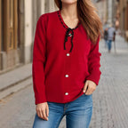 Damen modischer Strickpullover mit verspieltem BindR&Band und dekorativen Knöpfen R&B