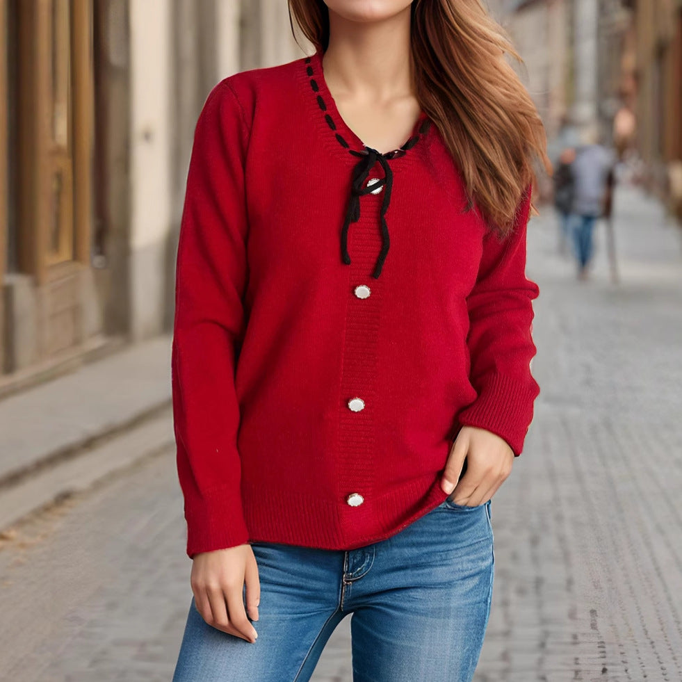 Damen modischer Strickpullover mit verspieltem BindR&Band und dekorativen Knöpfen R&B