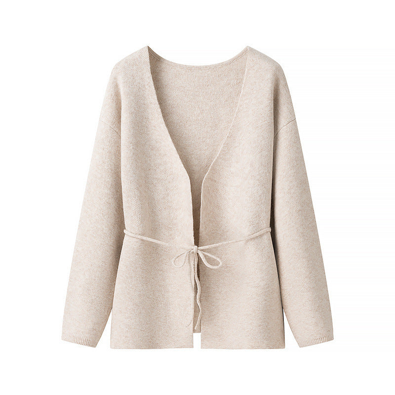 Damen Kuscheliger Strickcardigan mit tiefem V-Ausschnitt und Taillenkordel R&B