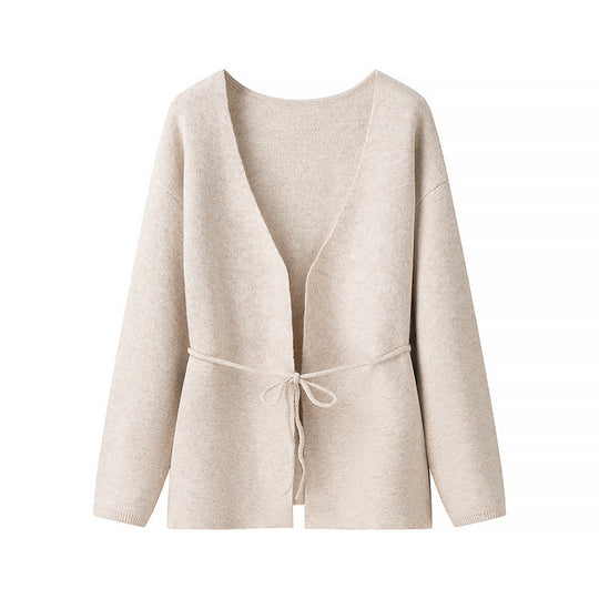 Damen Kuscheliger Strickcardigan mit tiefem V-Ausschnitt und Taillenkordel R&B