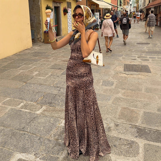 Damen elegantes Wickelkleid mit Leopardenmuster und voluminösem Saum R&B