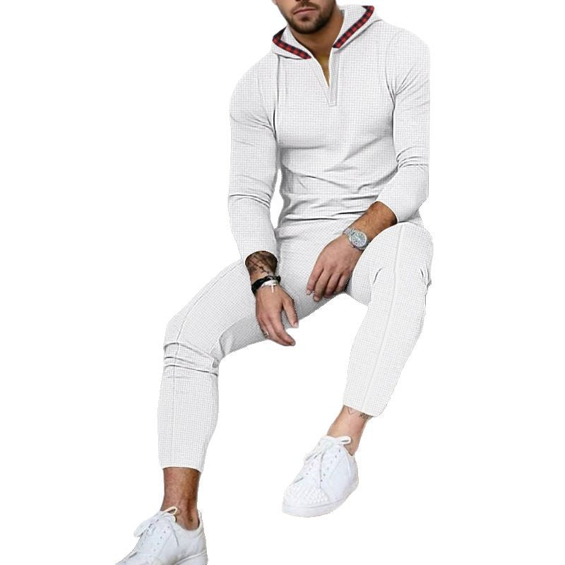 Herren nan Slim-Fit Waffel-Strick Kapuzen-Set mit Halbzip, kontrastgefütterter Kapuze und tapered Jogginghose R&B