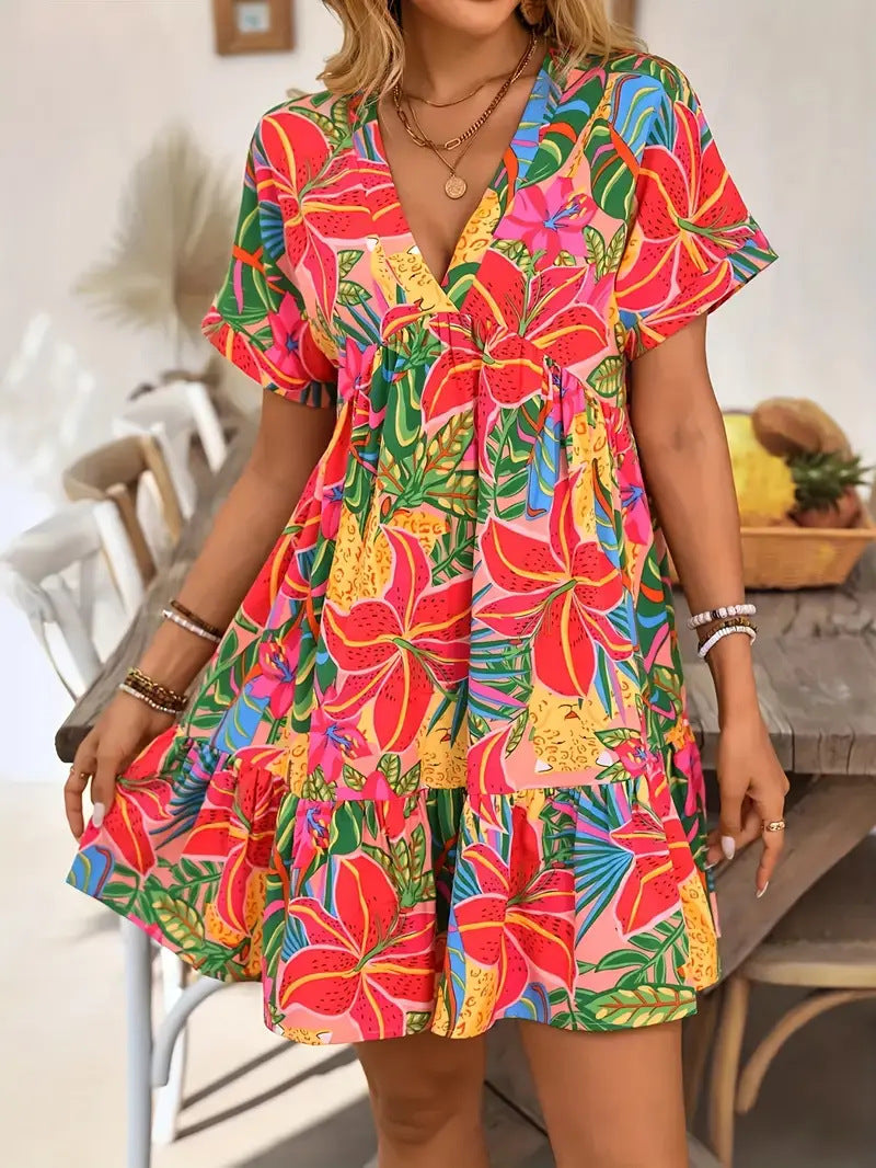 Damen kurzärmliges Freizeitkleid mit floralem Muster und Rüschendetails R&B