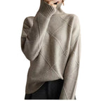 Damen hochwertiger Strickpullover mit stehendem Kragen und extravagantem Rautenmuster R&B