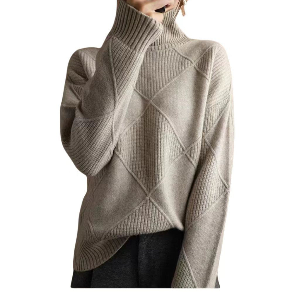 Damen hochwertiger Strickpullover mit stehendem Kragen und extravagantem Rautenmuster R&B