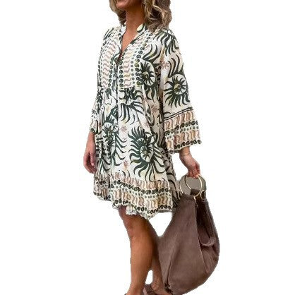 Damen nan locker geschnittenes Boho-Tunikakleid mit V-Ausschnitt geraffter Empire-Naht und Volant-Saum R&B