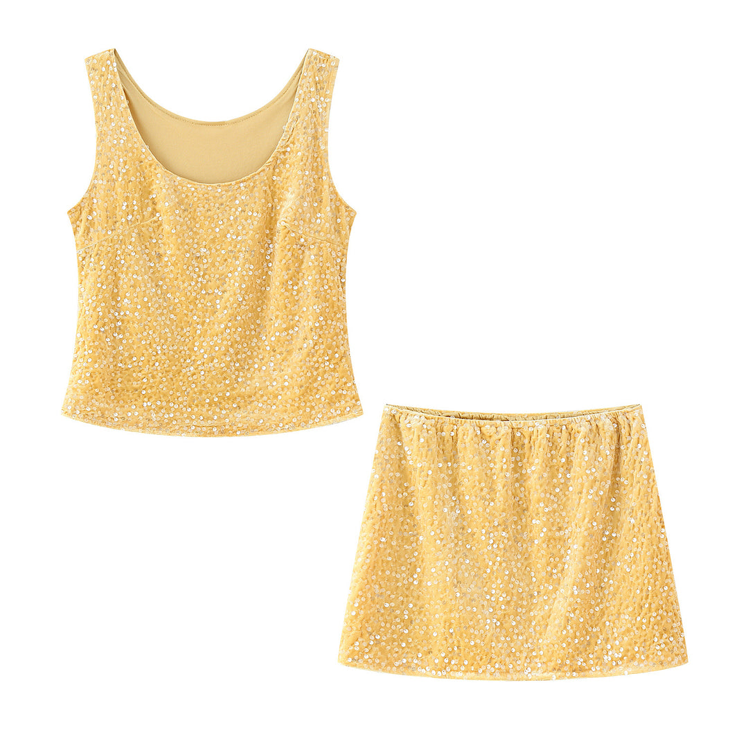 Damen Set aus funkelndem Spaghettiträger Top und schwingendem Rock mit elastischem Bund R&B