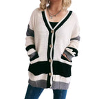 Damen Strickjacke mit modernen Streifenmustern und praktischen Taschen R&B