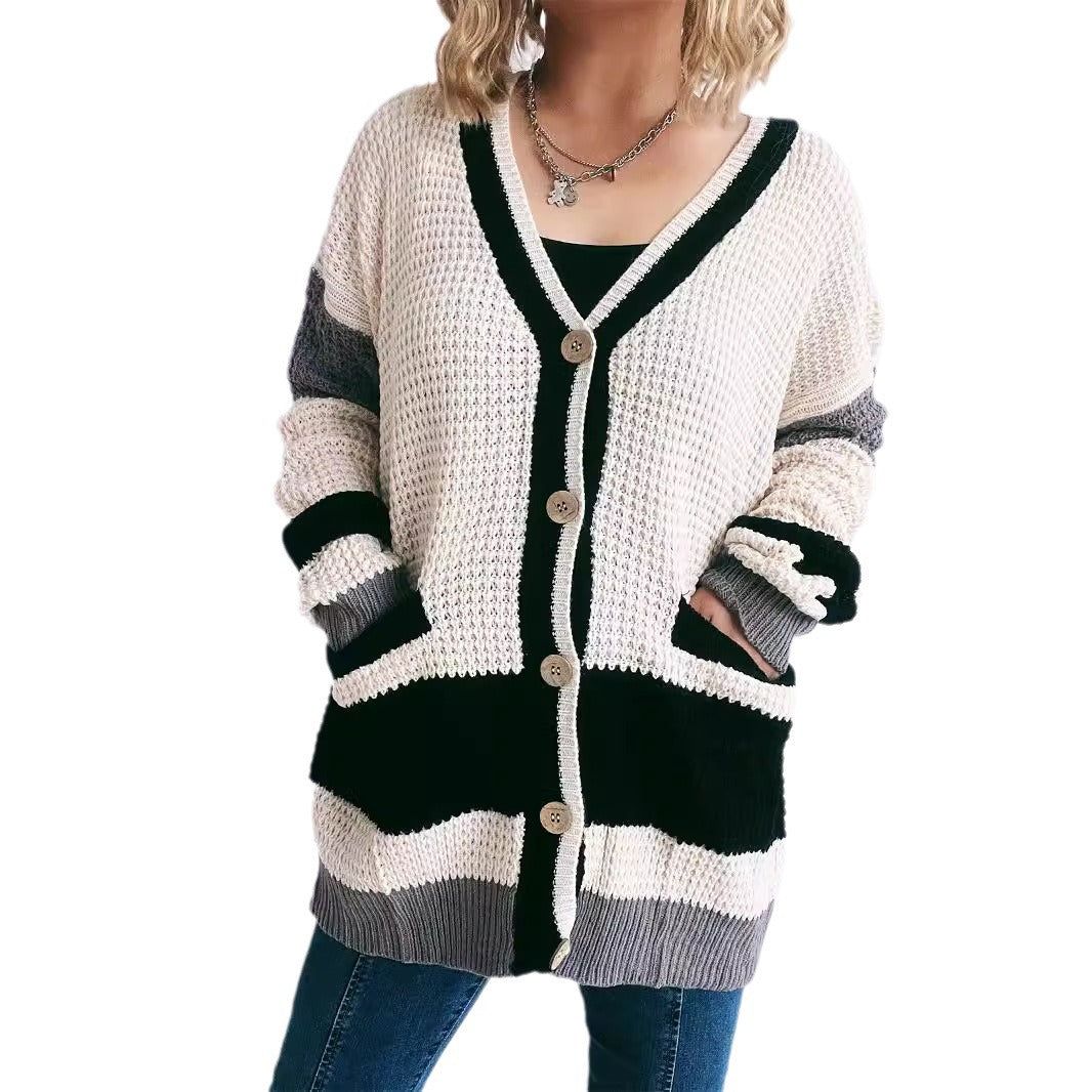 Damen Strickjacke mit modernen Streifenmustern und praktischen Taschen R&B