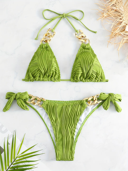 Damen Bikiniset mit luxuriösen Rüschen und goldenen Kettenakzenten R&B