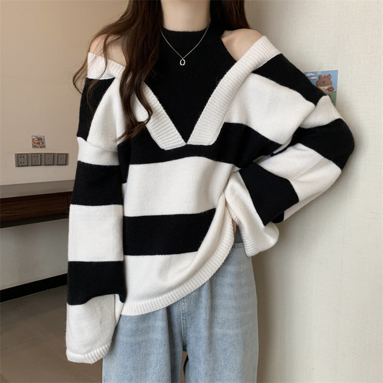 Damen V-Ausschnitt Oversized-Pullover mit modischem Streifenmuster und offenem Schulterdesign R&B