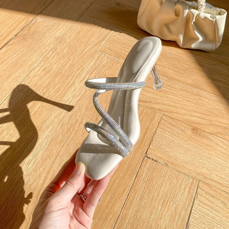 Damen elegante Sandalen mit funkelnden Strassverzierungen und transparentem Absatz R&B