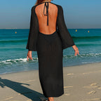 Damen Häkel-Maxikleid mit elegantem V-Ausschnitt und detailverliR&Btem Design R&B